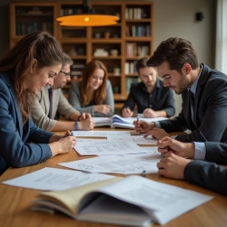 Equipo de abogados revisando documentación legal en una oficina